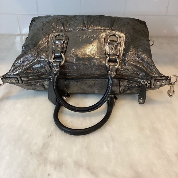 Coach Ashley Perforated Metallic Silver Leather Satchel Handbag RARE - Picture 11 of 15